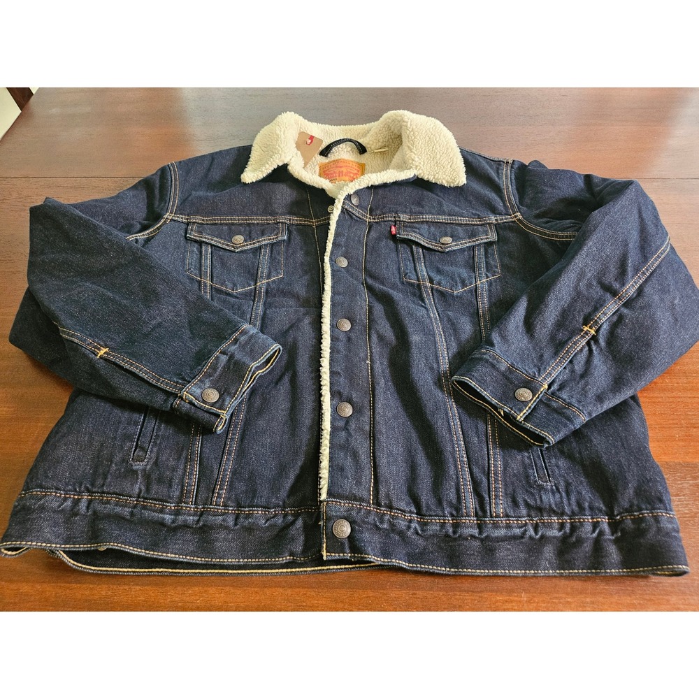 Levi's Sherpa Lined Denim Trucker Jacket Mens XL Dark Wash Indigo Blue New - Picture 2 of 8